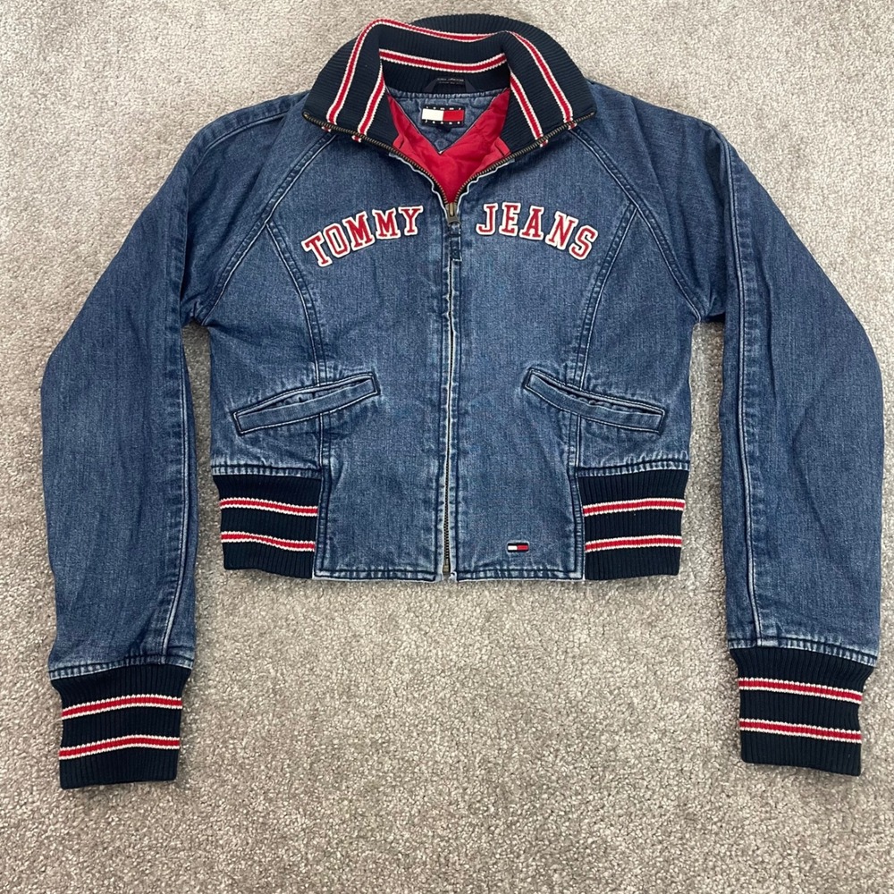 Vintage Tommy Jeans Denim Bomber Jacket Womens Medium Y2K Varsity Preppy Cropped